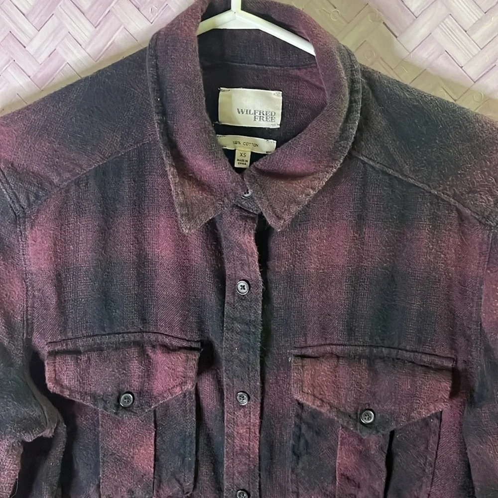 Wilfred Free cozy plaid extra long button down, purple and black- extra small​ - Picture 2 of 5